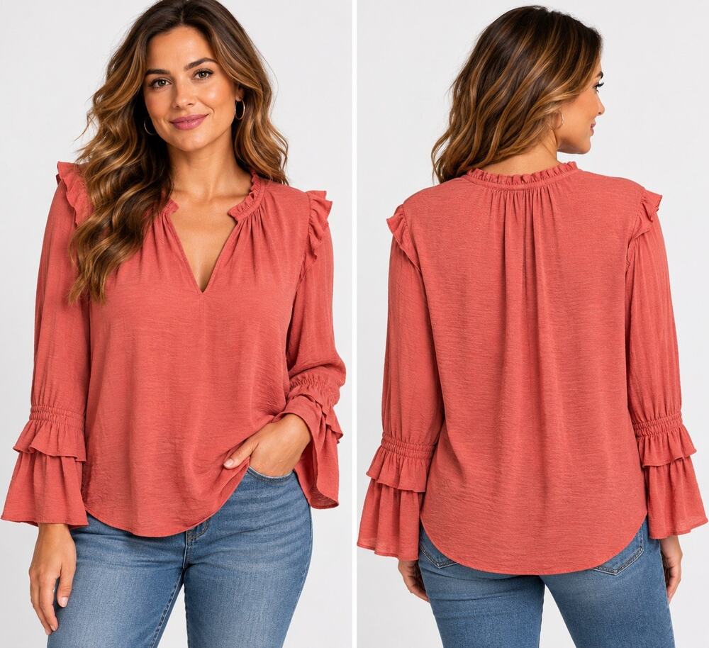 A New Day Ruffle Drape Blouse Bell Sleeve LG Soft Coral Satin Victorian/peasant